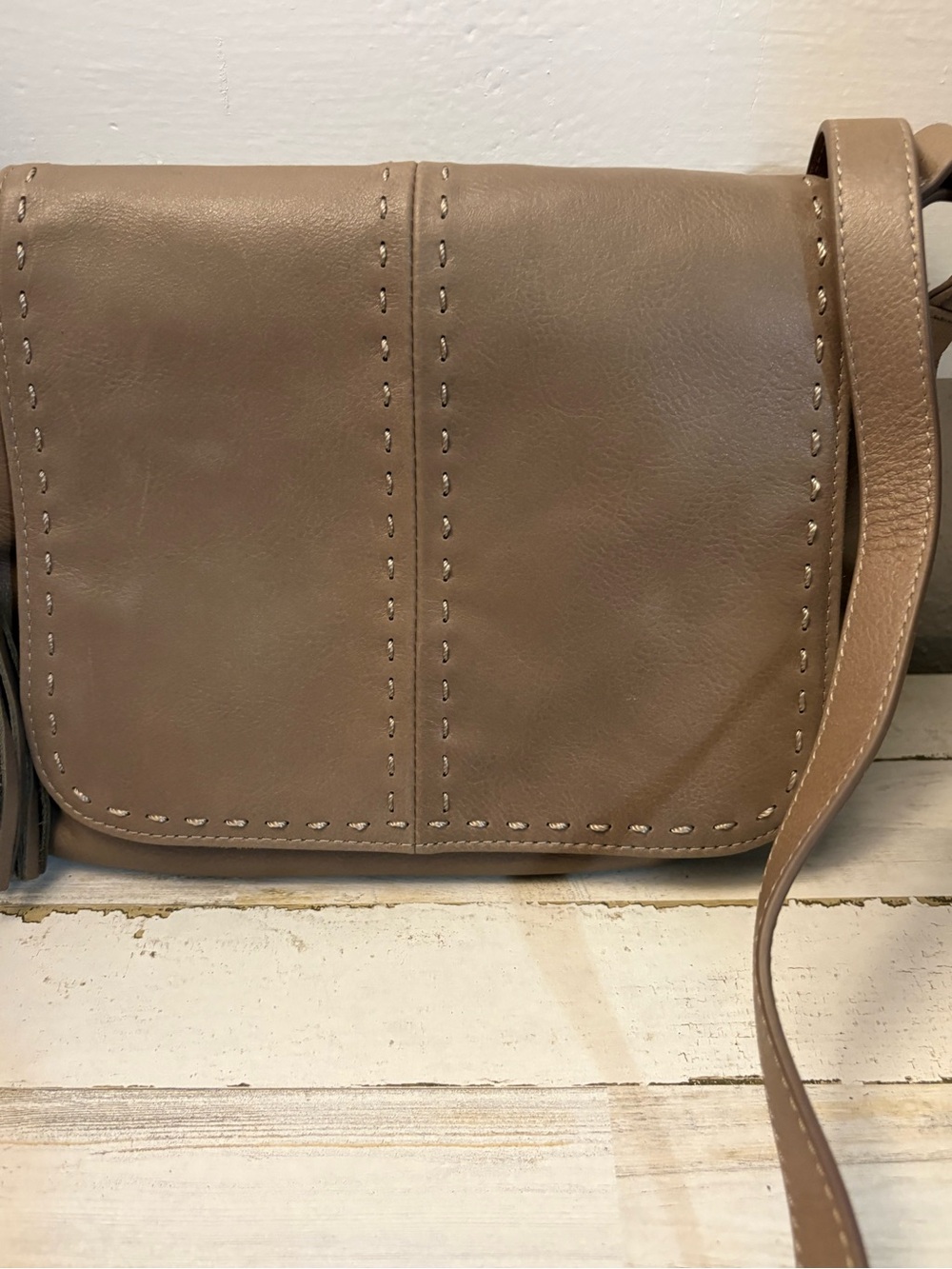 Women's Taupe Leather Befen Crossbody Bag with Contrast Stitching